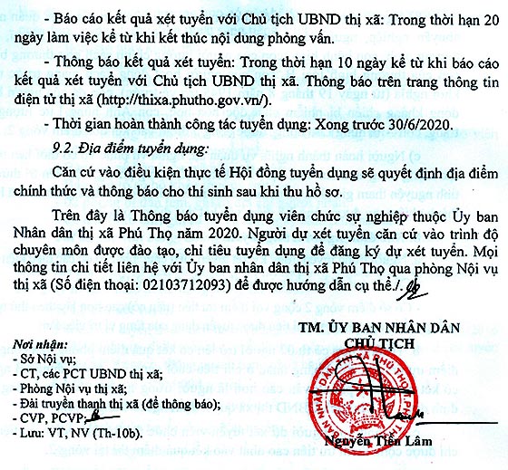 UBND TX. Phú Thọ, Phú Thọ tuyển dụng viên chức sự nghiệp năm 2020