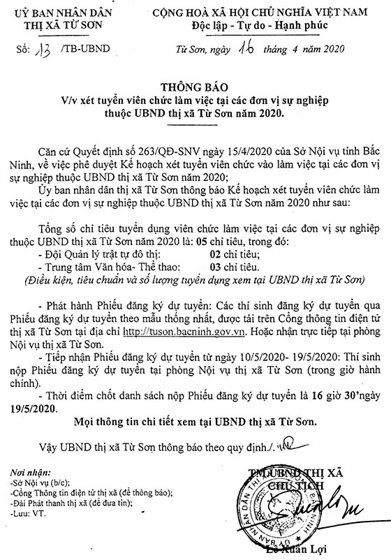 UBND TX.Từ Sơn, Bắc Ninh tuyển dụng viên chức năm 2020