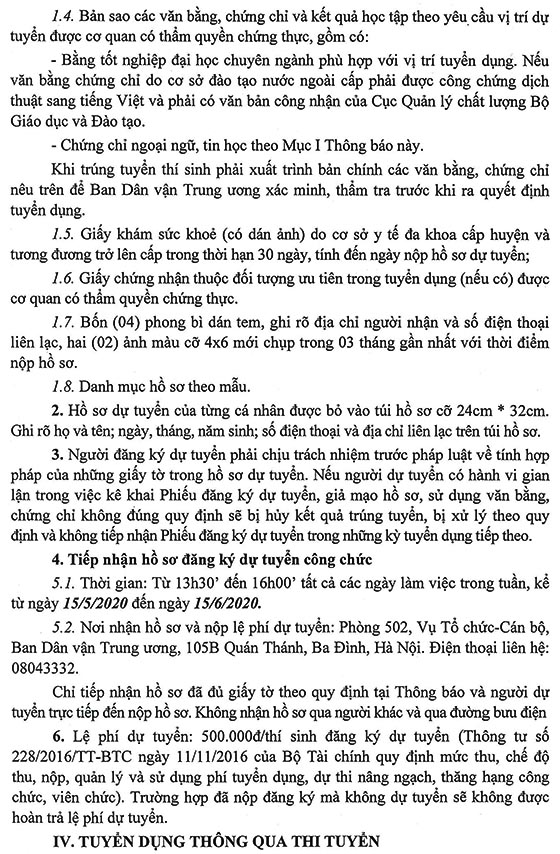 Ban Dân vận Trung ương tuyển dụng công chức năm 2020