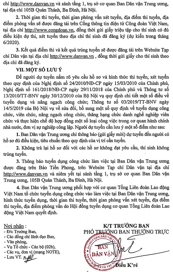 Ban Dân vận Trung ương tuyển dụng công chức năm 2020