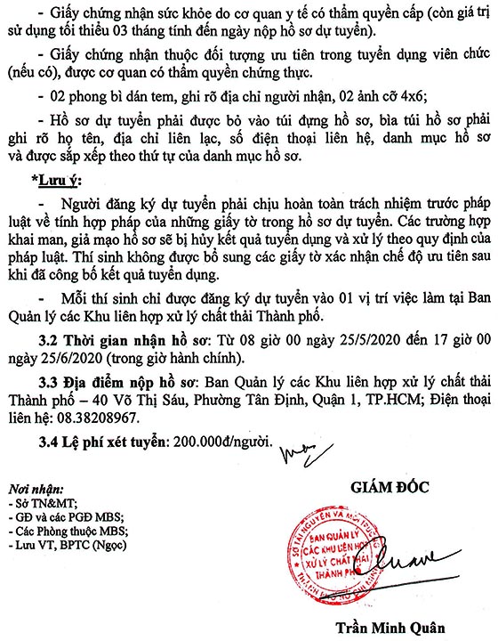 Ban Quản lý các Khu liên hợp xử lý chất thải TP.HCM tuyển dụng viên chức năm 2020