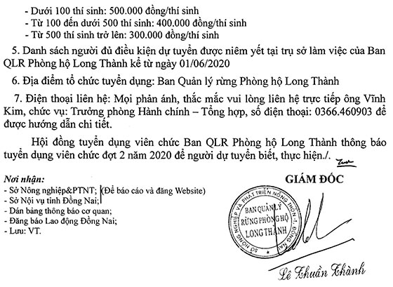Ban Quản lý rừng phòng hộ Long Thành, Đồng Nai tuyển dụng viên chức đợt 2 năm 2020
