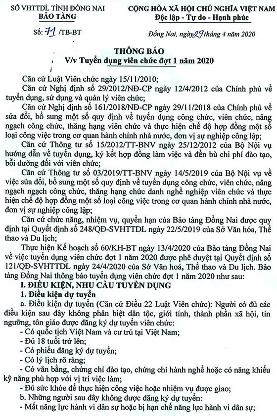 Bảo tàng Đồng Nai tuyển dụng viên chức đợt 1 năm 2020