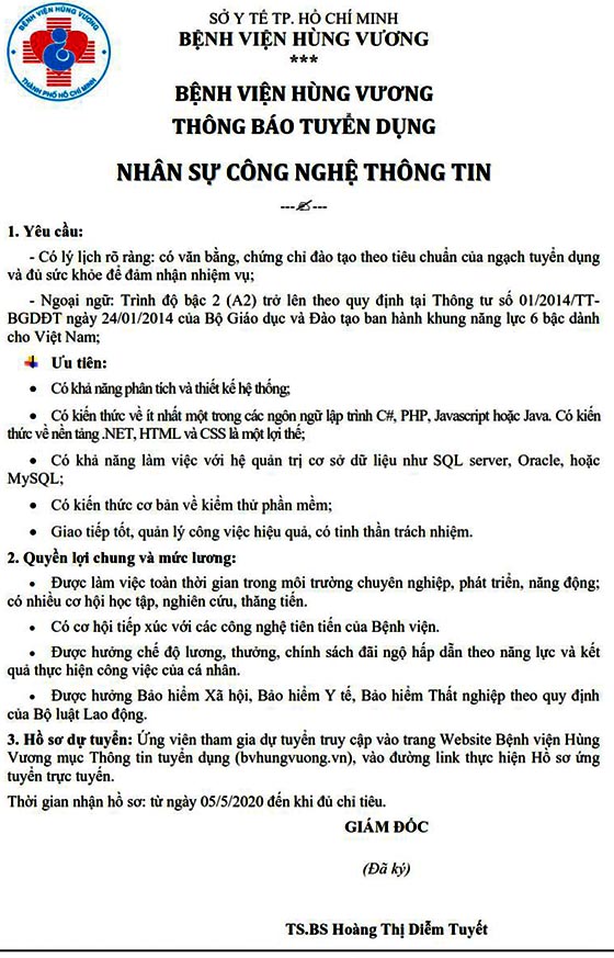 Bệnh Viện Hùng Vương TP.HCM tuyển dụng nhân sự tháng 5/2020