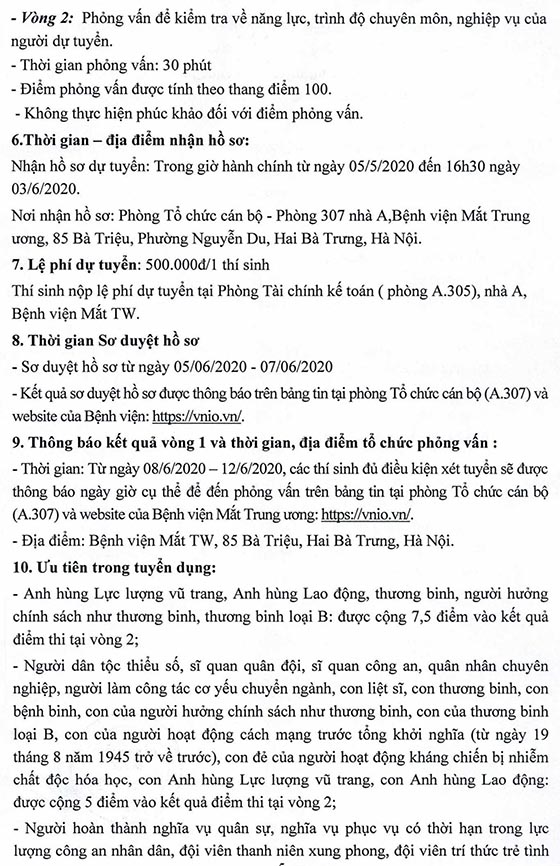 Bệnh viện Mắt Trung ương tuyển dụng viên chức năm 2020