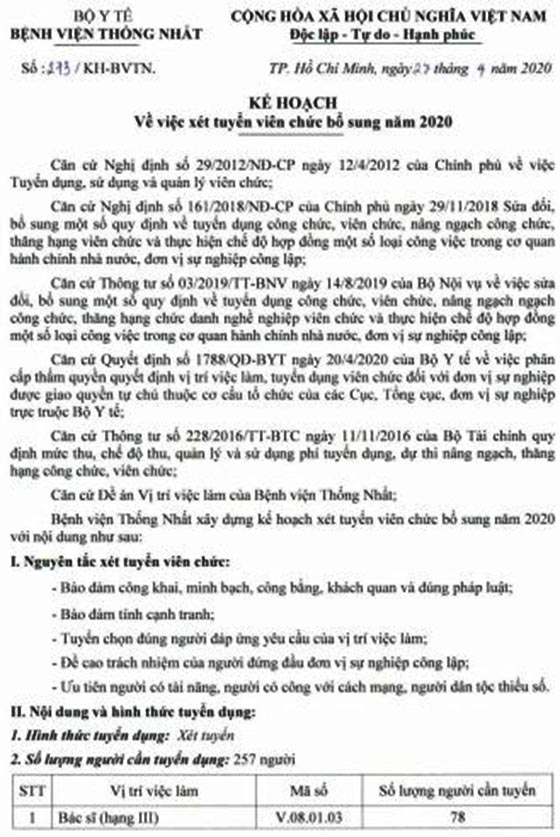 Bệnh viện Thống Nhất TP.HCM xét tuyển viên chức bổ sung năm 2020