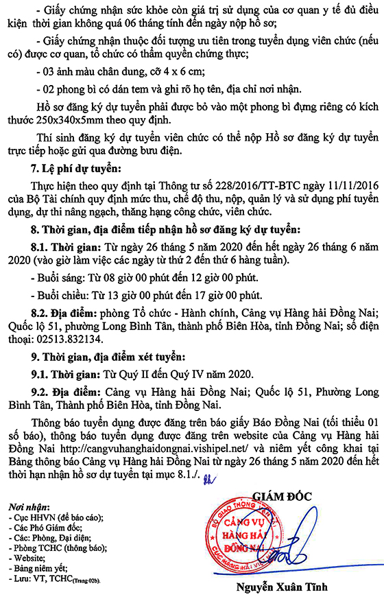 Cảng vụ Hàng hải Đồng Nai tuyển dụng viên chức năm 2020