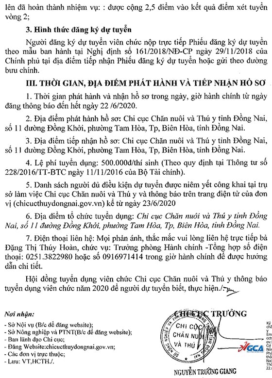 Chi cục Chăn nuôi và Thú y tỉnh Đồng Nai tuyển dụng viên chức năm 2020