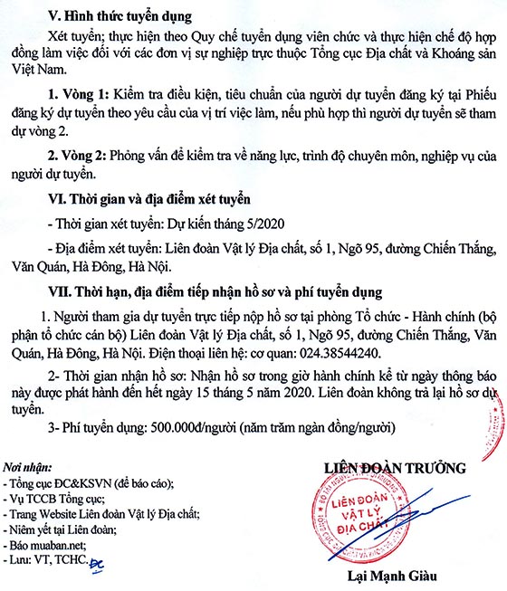 Liên đoàn Vật lý Địa chất tuyển dụng viên chức năm 2020 (Lần 2)