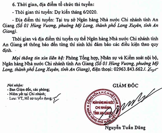 Ngân hàng Nhà nước chi nhánh tỉnh An Giang tuyển dụng công chức loại D năm 2020