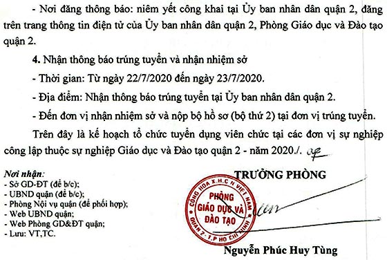 Phòng giáo dục và đào tạo quận 2, TP.HCM tuyển dụng viên chức năm 2020