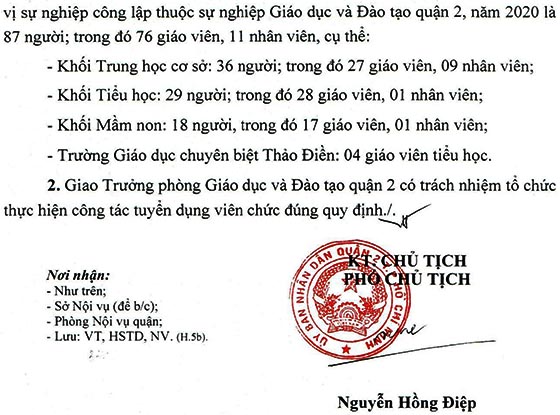 Phòng giáo dục và đào tạo quận 2, TP.HCM tuyển dụng viên chức năm 2020