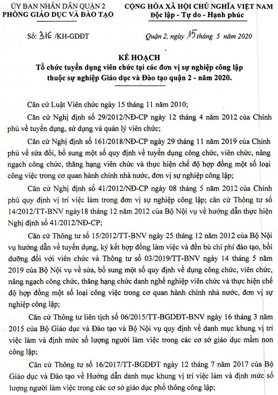 Phòng giáo dục và đào tạo quận 2, TP.HCM tuyển dụng viên chức năm 2020
