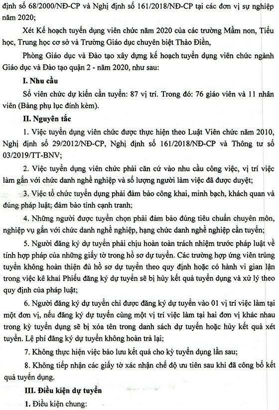 Phòng giáo dục và đào tạo quận 2, TP.HCM tuyển dụng viên chức năm 2020