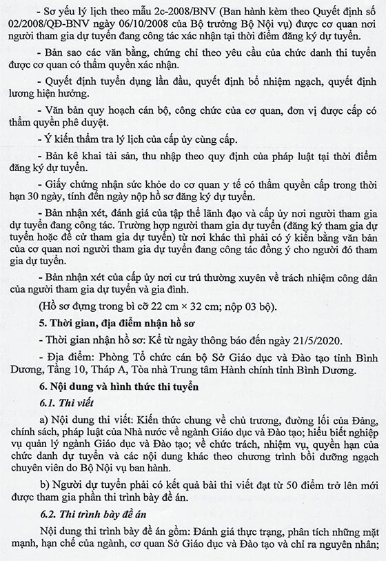 Sở Giáo dục và Đào tạo tỉnh Bình Dương thi tuyển chức danh cấp trưởng đơn vị năm 2020