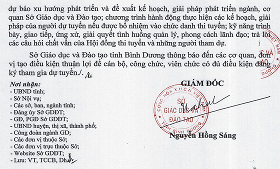 Sở Giáo dục và Đào tạo tỉnh Bình Dương thi tuyển chức danh cấp trưởng đơn vị năm 2020