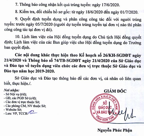 Sở Giáo dục và Đào tạo tỉnh Kon Tum điều chỉnh kế hoạch tuyển dụng viên chức giáo dục năm học 2019-2020