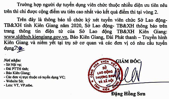 Sở Lao động - Thương binh và Xã hội tỉnh Kiên Giang xét tuyển viên chức năm 2020