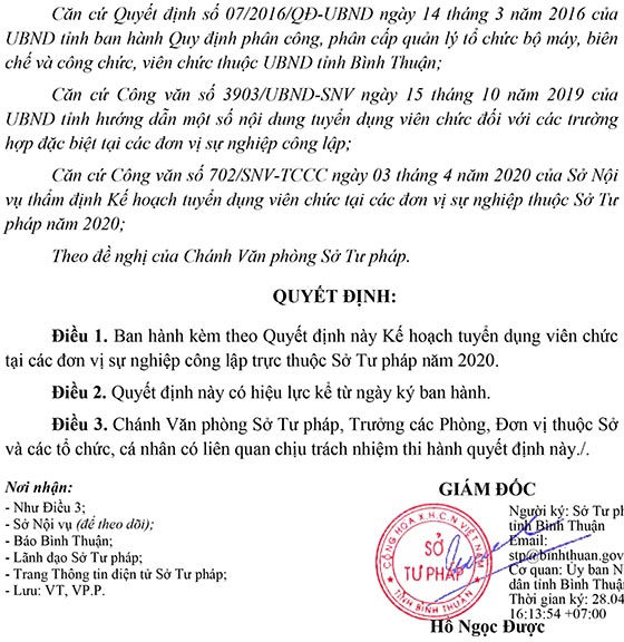Sở Tư pháp Bình Thuận tuyển dụng viên chức năm 2020