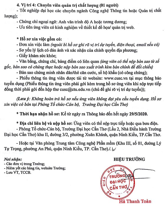 Trung tâm công nghệ phần mềm - Đại học Cần Thơ tuyển dụng lao động năm 2020
