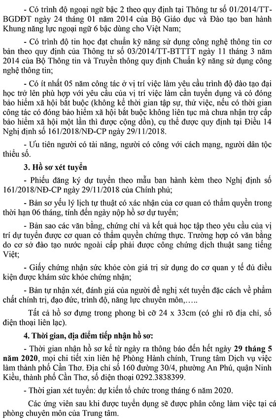 Trung tâm Dịch vụ việc làm TP.Cần Thơ tuyển dụng viên chức năm 2020