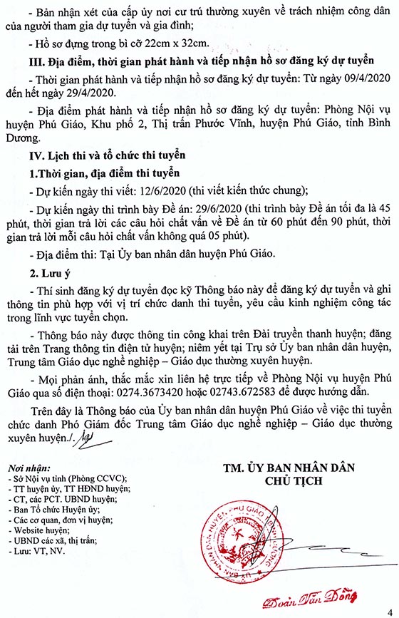 Trung tâm GDNN-GDTX huyện Phú Giáo, Bình Dương thi tuyển Phó Giám Đốc năm 2020
