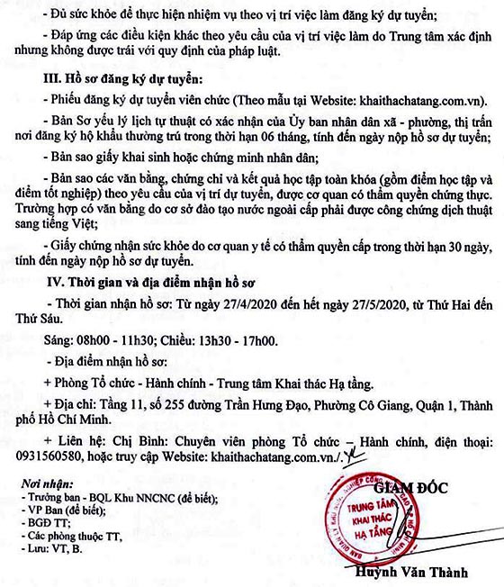 Trung tâm Khai thác hạ tầng TP.HCM tuyển dụng viên chức năm 2020
