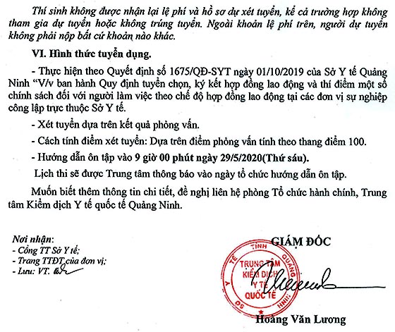 Trung Tâm Kiểm Dịch Y Tế Quốc Tế tỉnh Quảng Ninh tuyển dụng hợp đồng lao động năm 2020