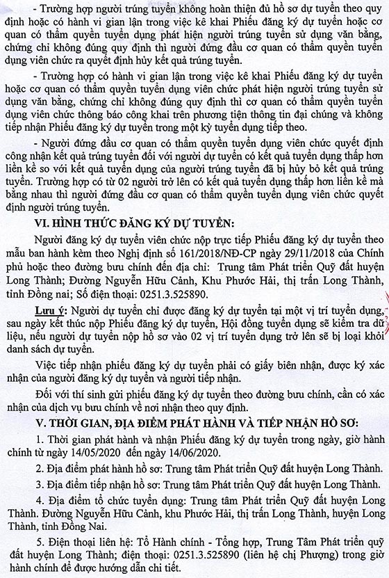 Trung tâm Phát triển quỹ đất huyện Long Thành, Đồng Nai tuyển dụng viên chức đợt 2 năm 2020