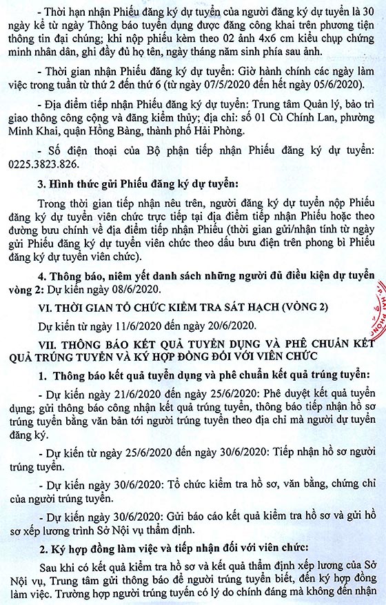 Trung tâm Quản lý, Bảo trì giao thông công cộng và Đăng kiểm thủy TP.Hải Phòng tuyển dụng viên chức năm 2020