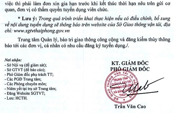 Trung tâm Quản lý, Bảo trì giao thông công cộng và Đăng kiểm thủy TP.Hải Phòng tuyển dụng viên chức năm 2020