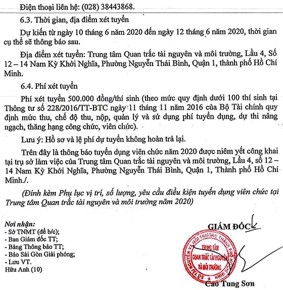 Trung Tâm Quan Trắc Tài Nguyên Và Môi Trường TP.HCM tuyển dụng viên chức năm 2020