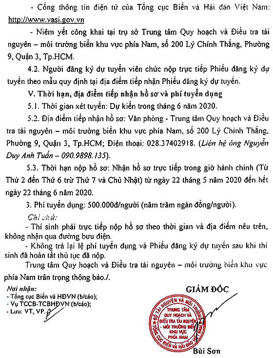 Trung tâm Quy hoạch và Điều tra tài nguyên - môi trường biển khu vực phía Nam tuyển dụng viên chức năm 2020