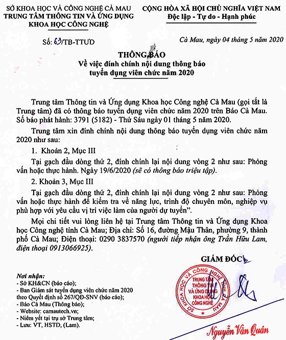 Trung tâm Thông tin và Ứng dụng KH&CN tỉnh Cà Mau tuyển dụng viên chức năm 2020