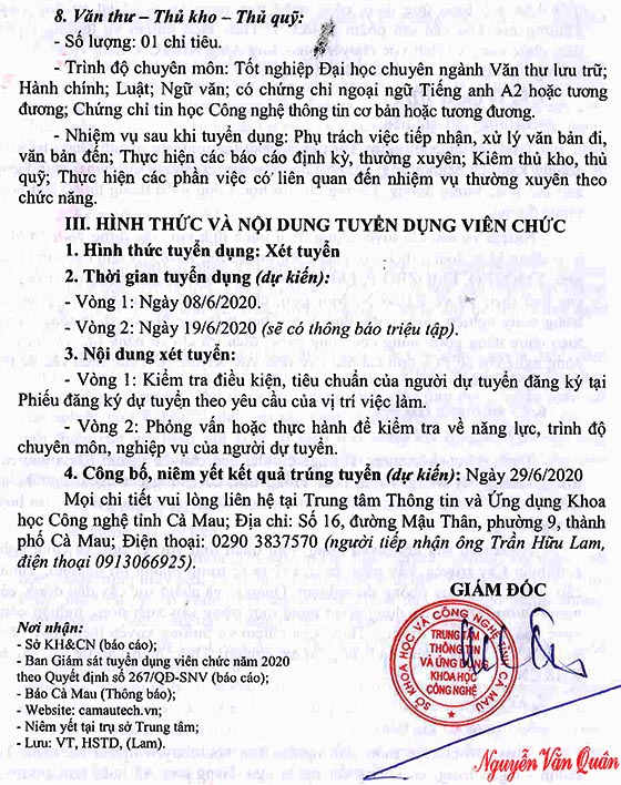 Trung tâm Thông tin và Ứng dụng KH&CN tỉnh Cà Mau tuyển dụng viên chức năm 2020