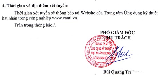 Trung tâm ứng dụng kỹ thuật hạt nhân trong công nghiệp tuyển dụng viên chức năm 2020
