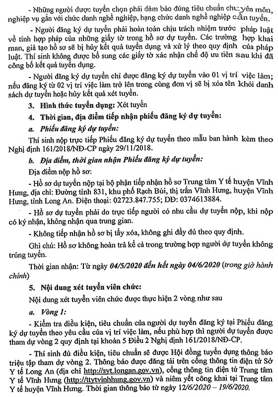 Trung tâm Y tế Vĩnh Hưng, Long An tuyển dụng viên chức năm 2020