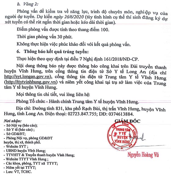 Trung tâm Y tế Vĩnh Hưng, Long An tuyển dụng viên chức năm 2020