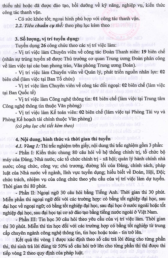 Trung ương Đoàn TNCS Hồ Chí Minh tuyển dụng công chức năm 2020