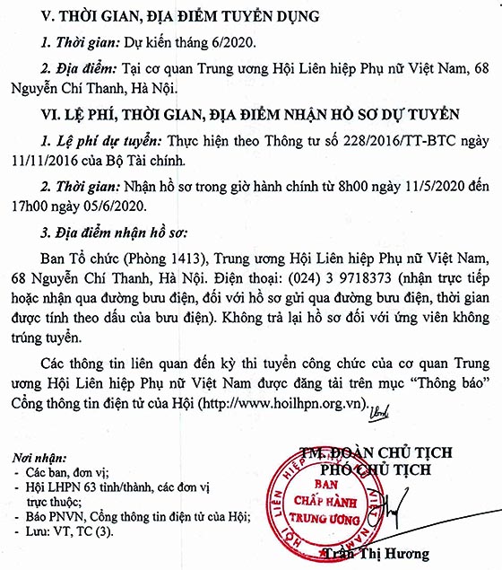 Trung ương Hội LHPN Việt Nam tuyển dụng công chức năm 2020
