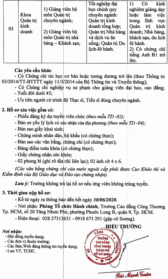 Trường Cao đẳng Công Thương TP. HCM tuyển dụng giảng viên năm 2020
