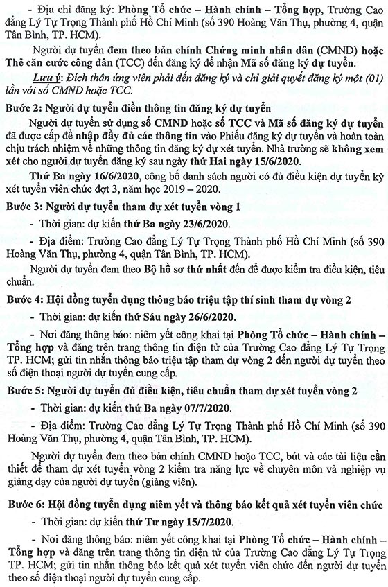 Trường Cao đẳng Lý Tự Trọng TP.Hồ Chí Minh tuyển dụng viên chức năm học 2019 - 2020 (đợt 3)