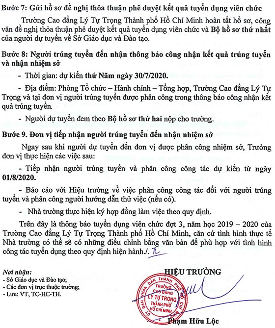 Trường Cao đẳng Lý Tự Trọng TP.Hồ Chí Minh tuyển dụng viên chức năm học 2019 - 2020 (đợt 3)