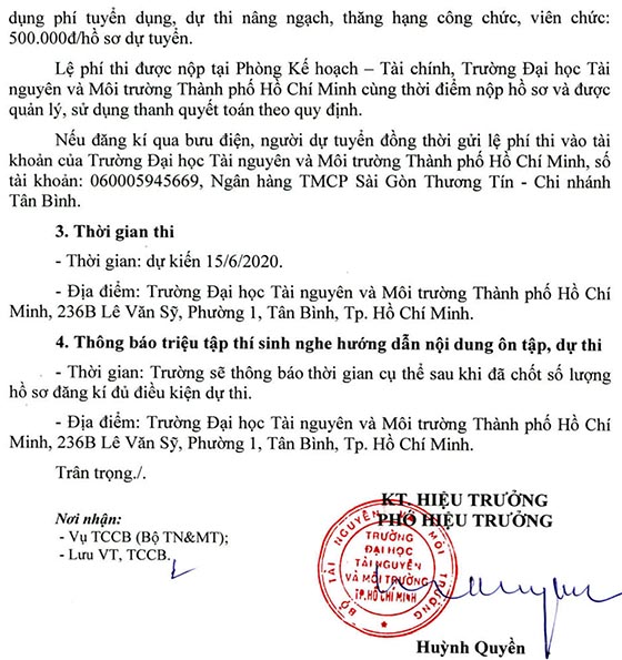 Trường Đại học Tài nguyên và Môi trường TP.Hồ Chí Minh tuyển dụng viên chức năm 2020