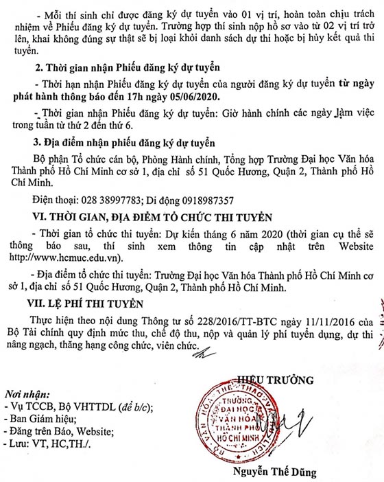 Trường Đại học Văn hóa TP.Hồ Chí Minh thi tuyển viên chức năm 2020