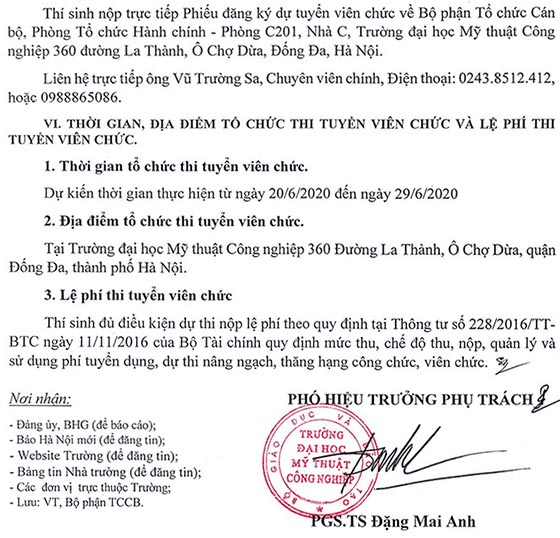 Trường ĐH Mỹ thuật Công nghiệp tuyển dụng viên chức năm 2020
