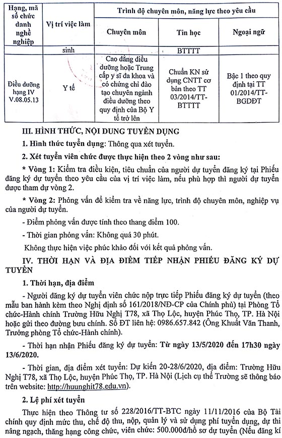 Trường Hữu Nghị T78 tuyển dụng viên chức năm 2020