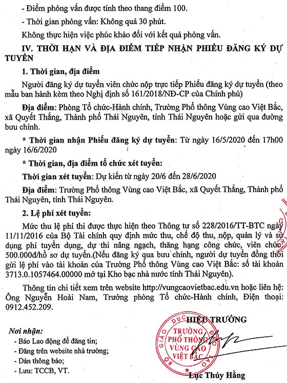 Trường Phổ thông Vùng cao Việt Bắc, Thái Nguyên tuyển dụng viên chức năm 2020
