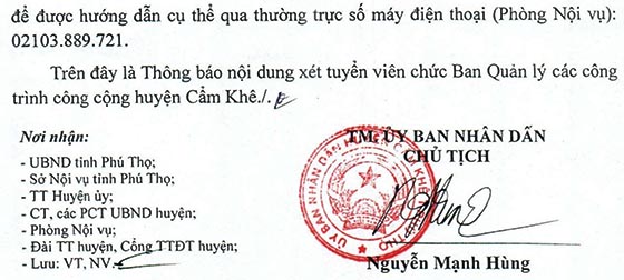 UBND huyện Cẩm Khê, Phú Thọ xét tuyển viên chức năm 2020