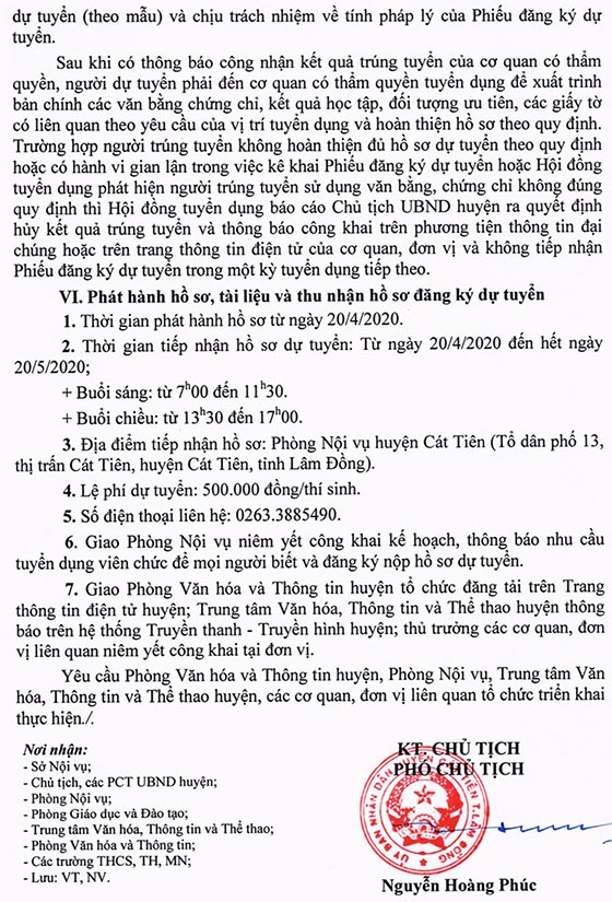 UBND huyện Cát Tiên, Lâm Đồng tuyển dụng viên chức giáo dục năm 2020